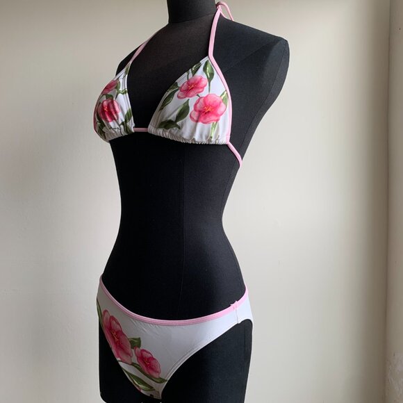 Billabong surf BLUE CRUSH era Vintage White & pink floral triangle set RARE - Picture 5 of 7